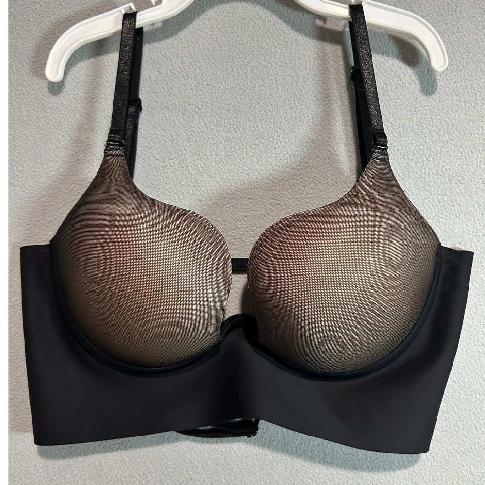Black Plunge Bra Large Mesh Overlay Padded Underwire Adjustable Straps